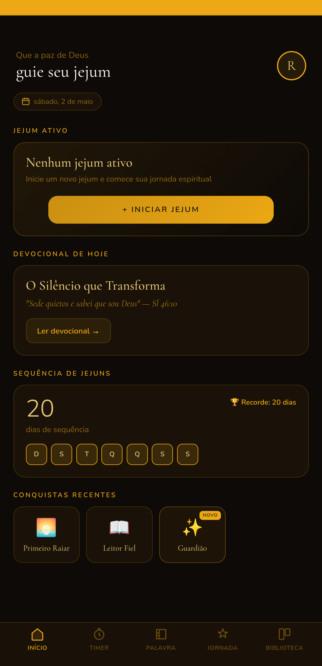 Tela inicial — Jejum Guiado